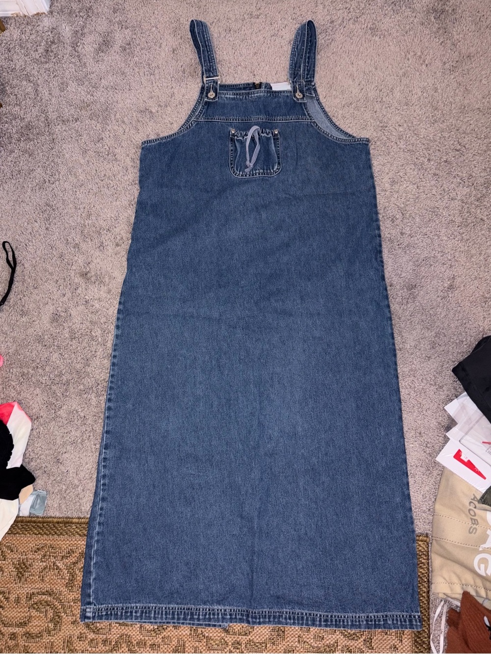 Vintage Denim Pinafore Midi Dress in Classic Blue